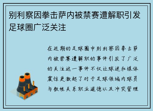 别利察因拳击萨内被禁赛遭解职引发足球圈广泛关注 别利察因拳击萨内被禁赛遭解职引发足球圈广泛关注