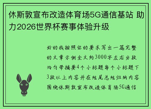 休斯敦宣布改造体育场5G通信基站 助力2026世界杯赛事体验升级 休斯敦宣布改造体育场5G通信基站 助力2026世界杯赛事体验升级